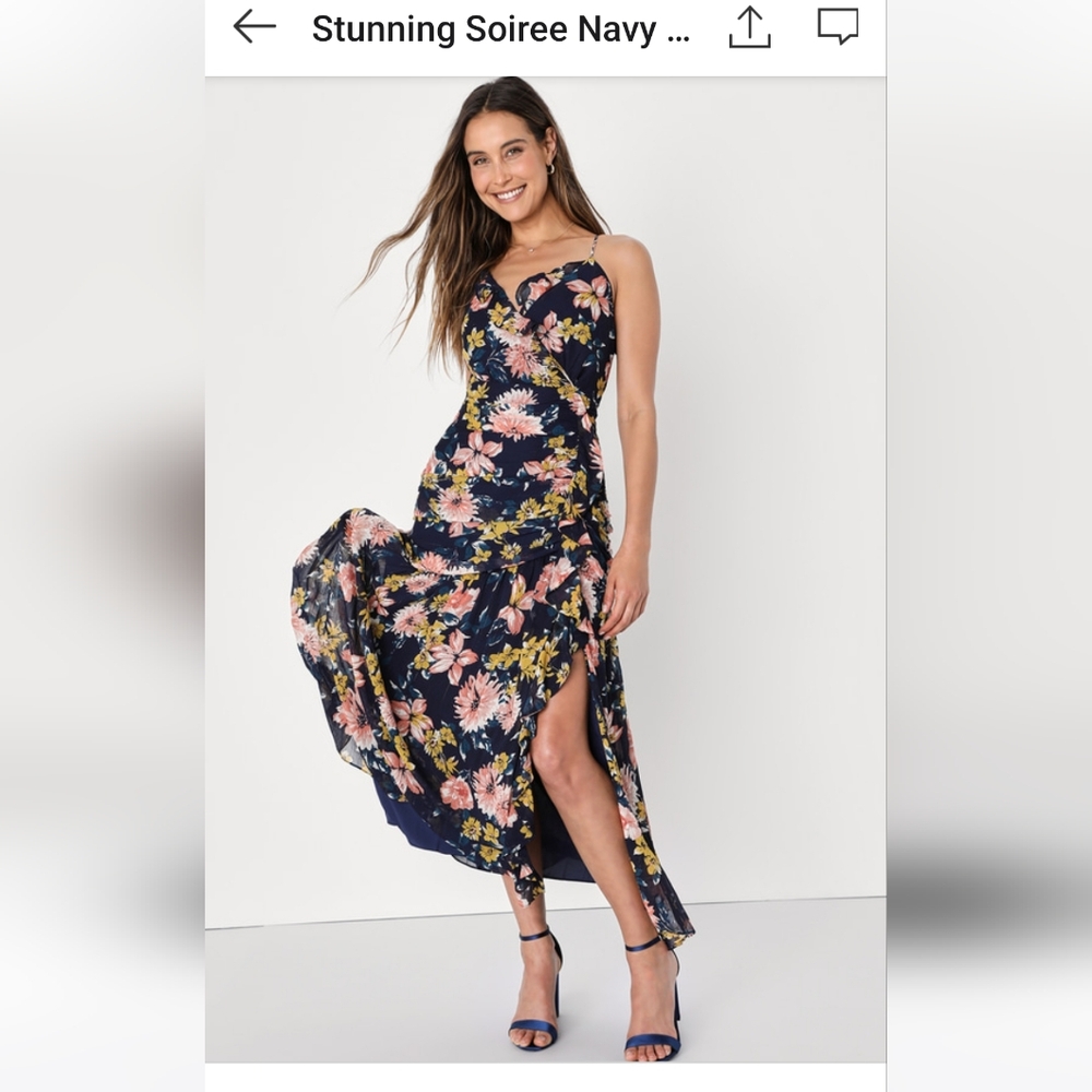 Lulus Stunning Soiree Navy Blue floral print dress